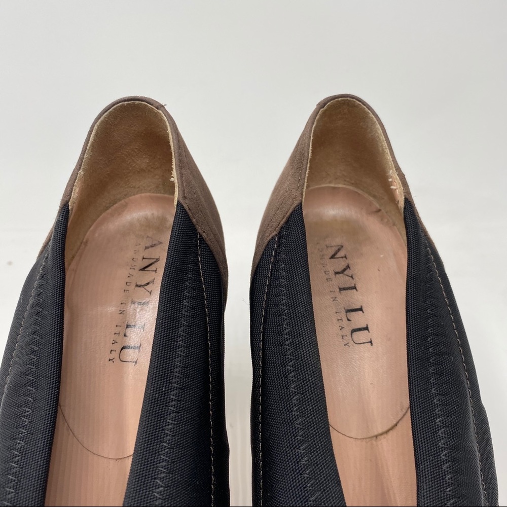 Anyi Lu Cookie Suede Heels Pumps Brown Black Bow 38 Size 8 - Picture 3 of 11